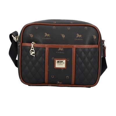 Bolsa de ombro pequena preta com padrão de cavalos e ferraduras e detalhes castanhos