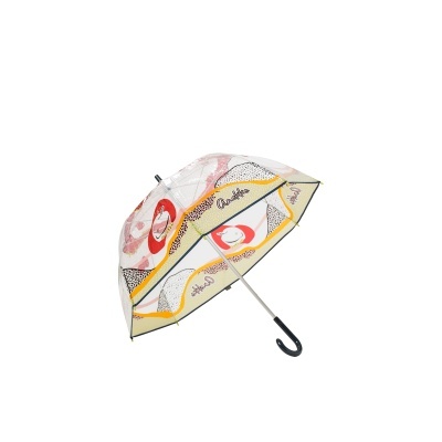 Guarda-chuva transparente com padrão colorido e textos Anekke e Original