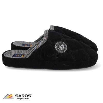 Chinelos pretos femininos acolchoados com detalhes cinza e logotipo lateral