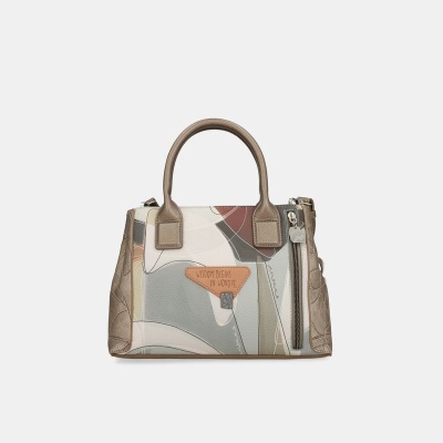 Mala de mão com padrão abstrato e alças castanho claro.