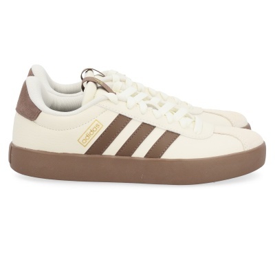 Sapatilhas Adidas creme e castanhas com três riscas e etiqueta dourada