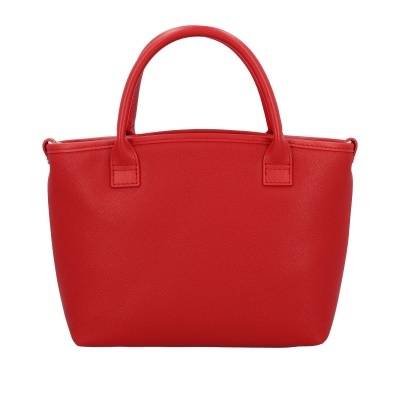 Mala de mão vermelha com duas alças curtas sobre fundo branco