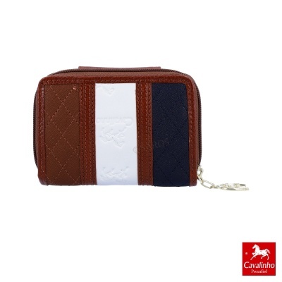Carteira pequena Cavalinho com faixas castanho, branco e azul escuro e fecho dourado