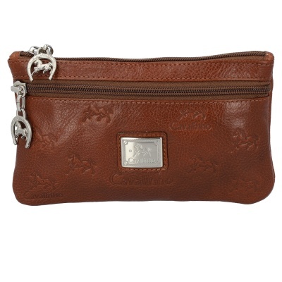 Carteira castanha de couro com fechos zip e placa metálica