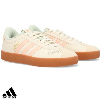 Ténis Adidas creme com riscas rosa claro e sola castanha