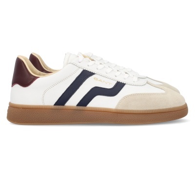 Sapatilha branca em pele com riscas azuis e sola castanha