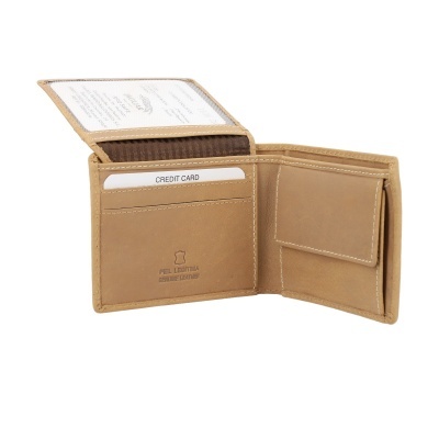 Carteira castanha clara de pele com múltiplos compartimentos aberta