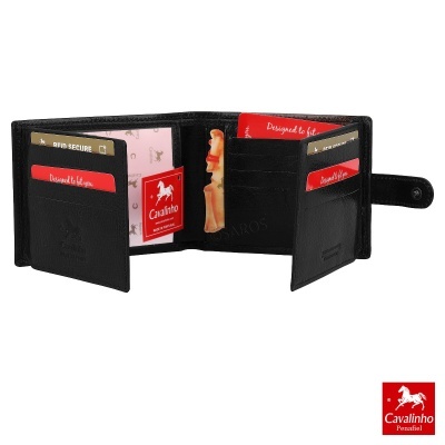 Carteira preta em pele com divisões para cartões e fecho de botão