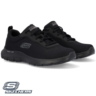 Sapatilhas pretas Skechers com sola Flex-Lite e logótipos cinzentos.