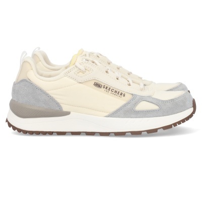 Ténis Skechers cinza, bege e creme com sola branca e castanha