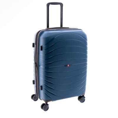 Mala de viagem rígida azul com padrão ondulado e rodas