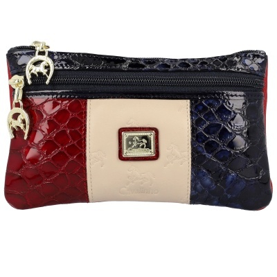 Carteira pequena Cavalinho em vermelho, bege e azul escuro com textura de pele de réptil e fechos dourados