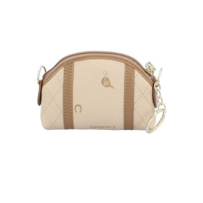 Bolsa pequena bege e castanha com fecho e chaveiro dourado