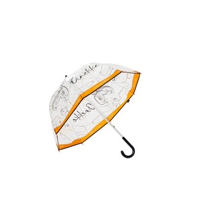 Guarda-chuva transparente com desenhos e borda laranja