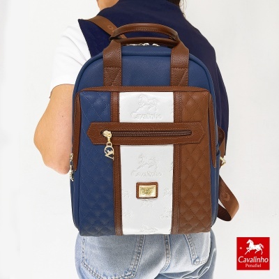 Mochila Cavalinho azul castanho e branco com relevo e fecho invisível