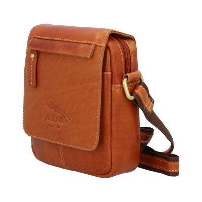 Mala pequena de couro castanho com logotipo Jaguar