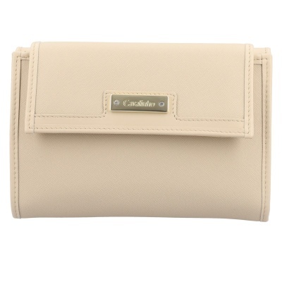 Carteira bege clara com placa metálica com texto Cavalinho