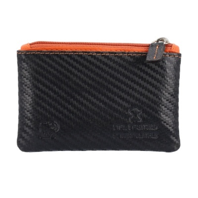 Carteira pequena preta com padrão de fibra de carbono e fecho com zíper laranja
