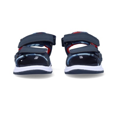 Sandálias desportivas azuis e vermelhas com tiras de velcro e sola branca