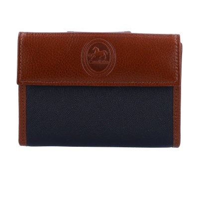 Carteira de pele castanha e preta com relevo oval e cavalo na aba superior