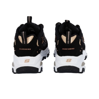 Tênis desportivos pretos Skechers com sola branca e detalhes bege