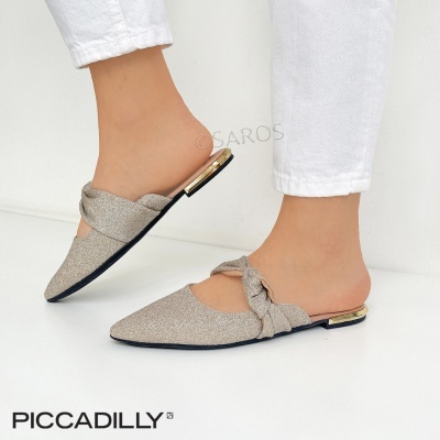 Sapatos mules cinza brilhantes com laço e salto baixo dourado
