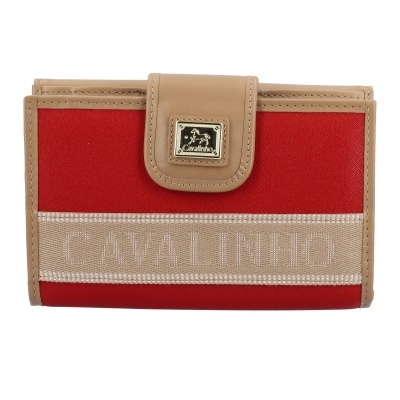 Carteira vermelha com detalhes em bege e logo metálico Cavalinho