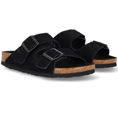 Sandálias tipo chinelo pretas com tiras de camurça e sola de cortiça