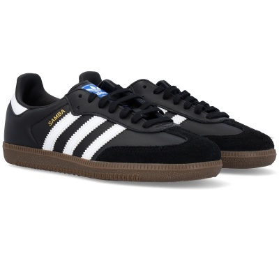 Sapatilhas Adidas Samba pretas com riscas brancas e sola castanha