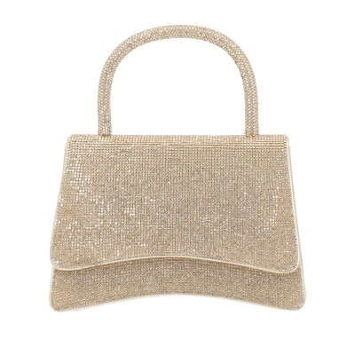 Mala de mão dourada com textura brilhante e alça redonda