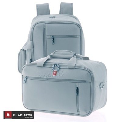 Mochila e mala cinza claro com fechos e cadeado