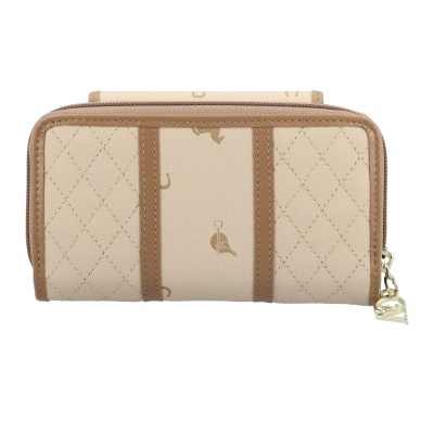 Carteira bege com padrão losangos e detalhes castanhos