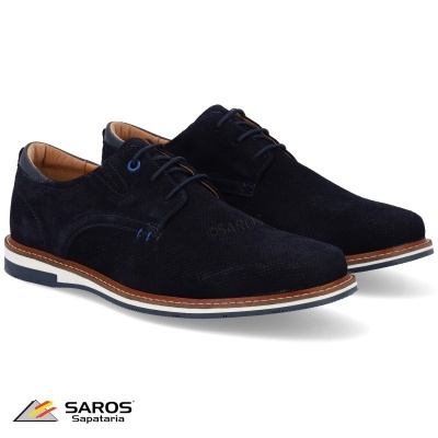 Sapatos masculinos azuis escuros SAROS de camurça com atacadores e sola branca e castanha