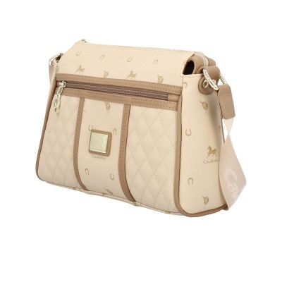 Mala de ombro bege Cavalinho com padrão de cavalos e ferraduras e fecho zip.