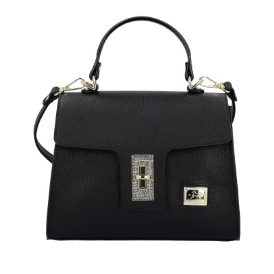 Mala de senhora preta com fecho dourado decorado com cristais e alças