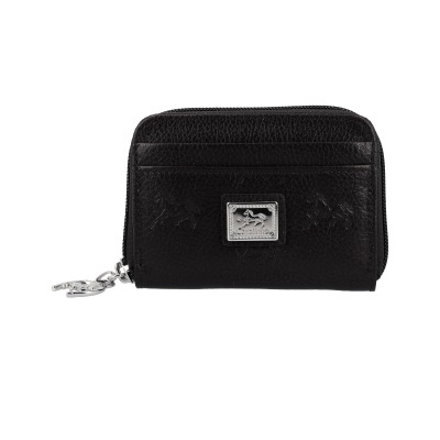 Carteira preta em pele com relevo de cavalo e placa metálica frontal