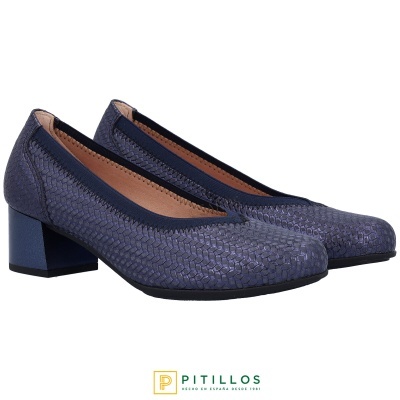 Sapatos de senhora azul escuro com padrão texturizado e salto médio grosso