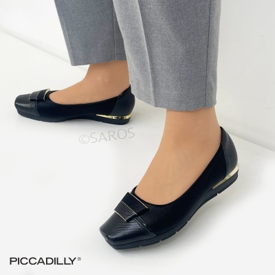 Sapatos rasos pretos femininos com laço e salto baixo dourado