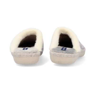 Chinelos de quarto cinza com interior em pelo branco e sola bege