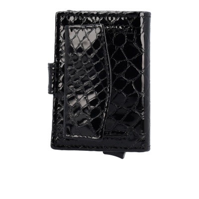 Carteira preta com textura de pele de crocodilo e fecho lateral