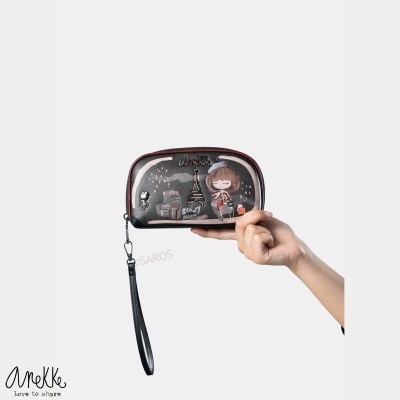 Estojo preto ilustrado com rapariga e torre Eiffel com alça de pulso