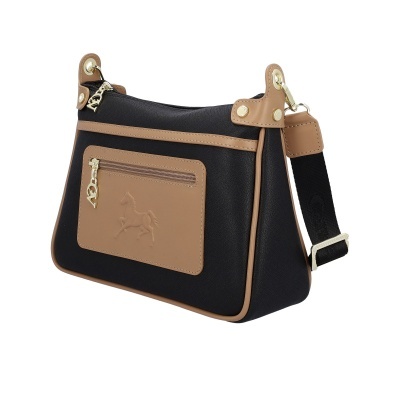 Mala de senhora preta e castanha com bolso frontal e alça ajustável