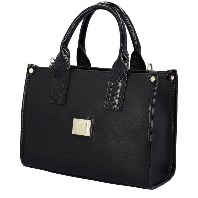 Mala de mão preta com alças em padrão de couro brilhante e textura de escama