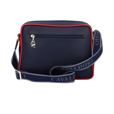 Mala azul escura com contornos vermelhos e alça com inscrição Cavalinho