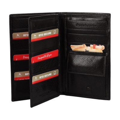 Carteira preta de couro com compartimentos para cartões e documentos