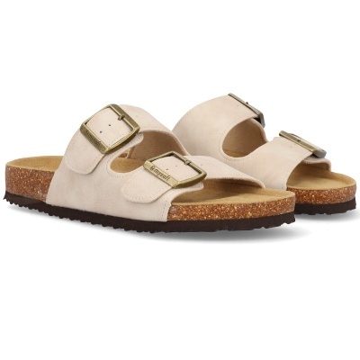 Sandálias de duas tiras em pele bege com fivelas metálicas douradas e sola de cortiça e borracha preta