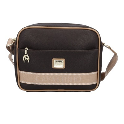 Mala de ombro castanha escura com detalhes em bege e logo metálico CAVALINHO