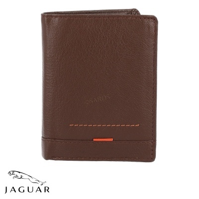 Carteira masculina de pele castanha com detalhe laranja e logotipo JAGUAR
