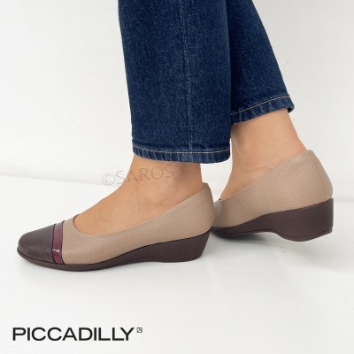 Sapatos de senhora Piccadilly em bege e castanho com cunha