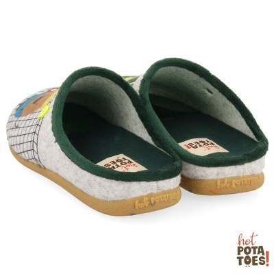 Chinelos masculinos felpa cinzenta e verdes com sola bege e padrão colorido